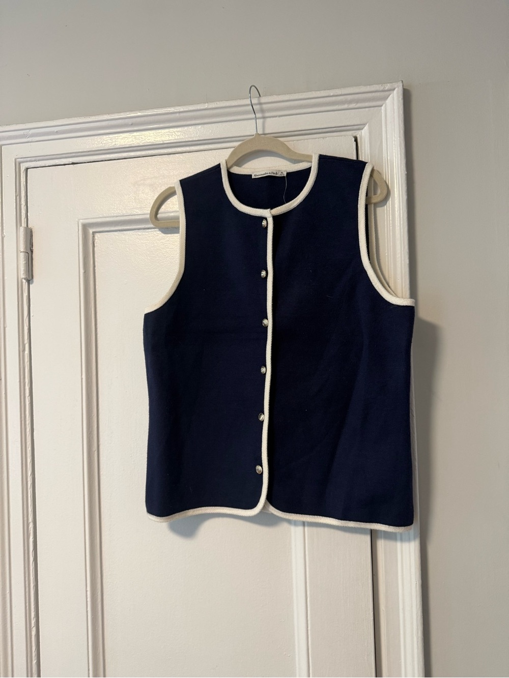 Navy Sleeveless Knit Button Front Vest with White Trim